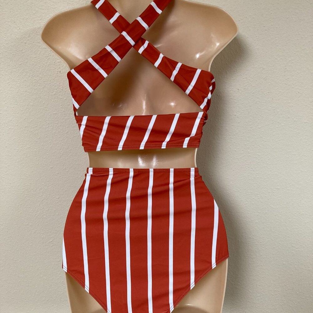 Two Piece Swim Bathing Suit Size Large Rust & Milk Color Stripe NWOT - Picture 4 of 6